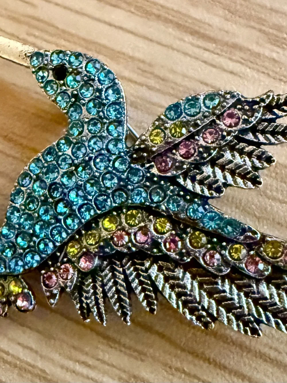 Crystal Bird and Flower Brooch Duo - Blue, Pink, Yellow